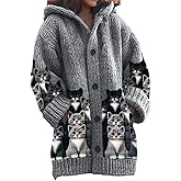 Women's Oversized Hooded Knitted Cardigan Button Long Sleeve Animal Artistic Prints Cozy Soft Fall Winter Casual Outerwear