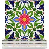 Watercolor Portuguese Azulejo Tiles Square Ceramic Coaster with Cork Base Heat-Resistant Absorption Reusable Drink Coasters for Any Cups Housewarming Gifts for Friend 4 PCS 4 PCS