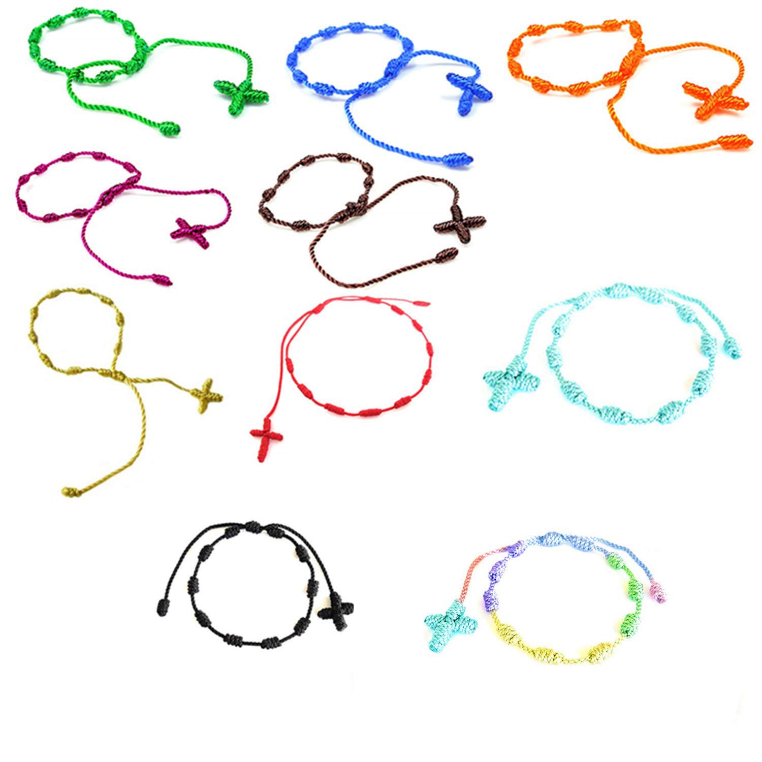 YouU Set of 10 Handmade Rosary Cross Bracelets Pulseras Decenarios Cross Bracelet for Men Women Christmas Wedding Colourful