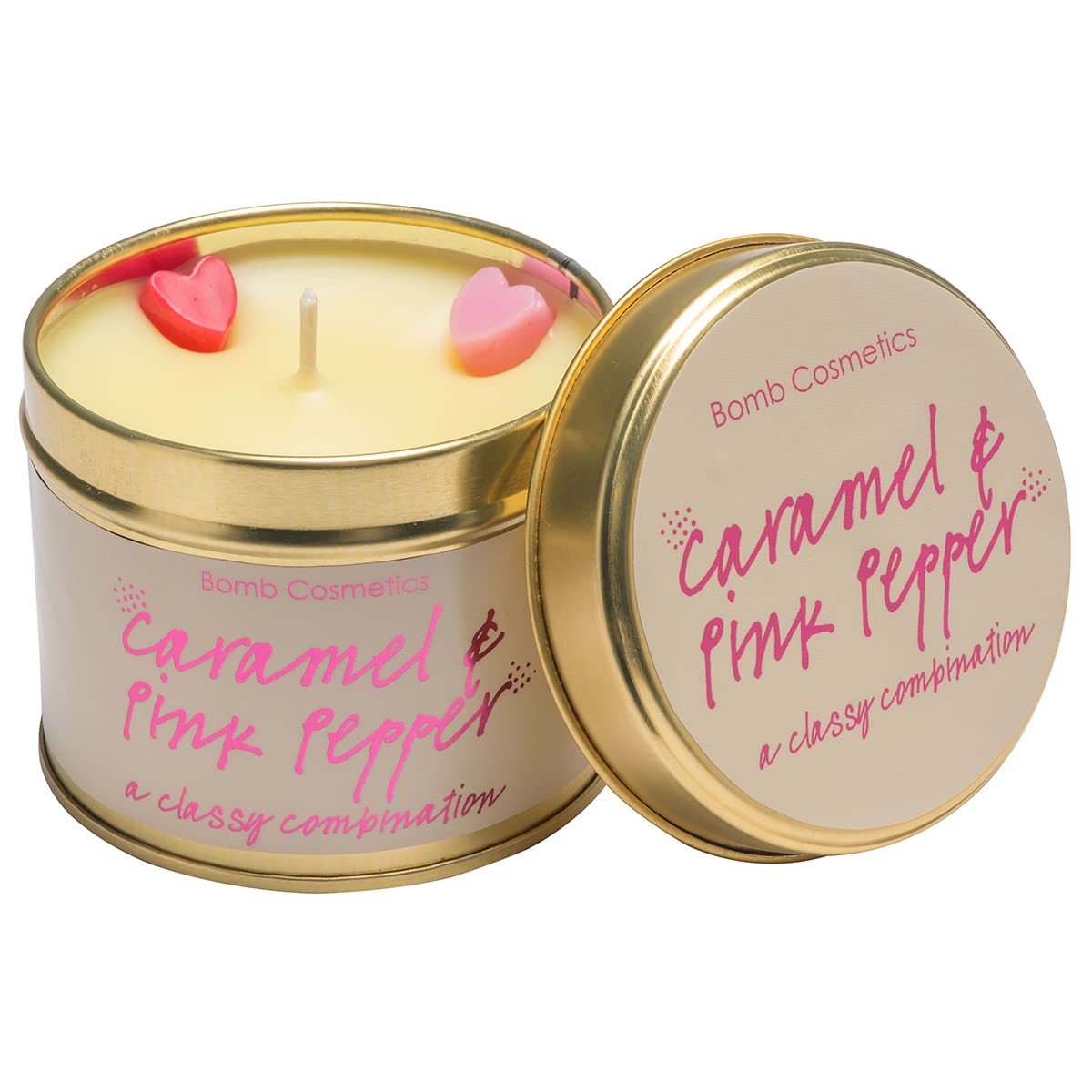Bomb Cosmetics Caramel & Pink Pepper Scented Tin Candle; Contains Pure Black Pepper & Sandalwood Essential Oils; Vegan Friendly; 30-35 Hour Burn