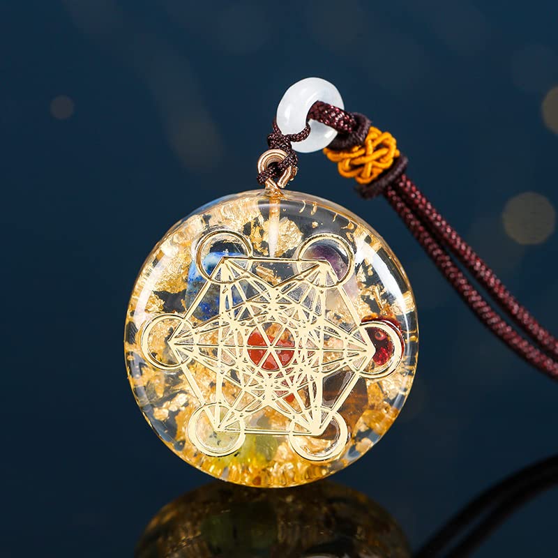 LXMYLI Orgone Metatron Cube Merkaba Pendant Necklace,7 Chakras Orgonite Om Yoga Healing Meditation Balance (Yellow,Adjustable Rope Chain)