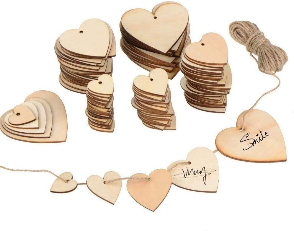 ToBeIT Wood Heart Slices with Hole 100pcs Wooden Love Heart Cutouts Embellishments and Approx 11 Yard Natural Twine for Wedding DIY Arts Crafts Card Making Valentine Decoration (30-80mm/100pcs)