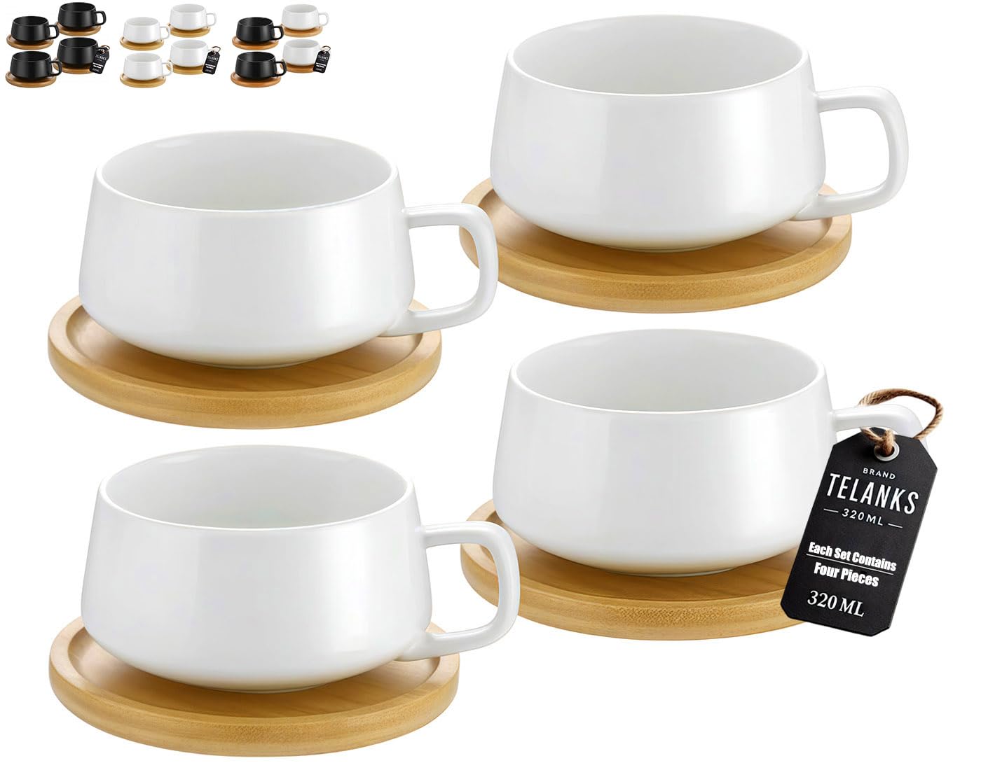 TELANKS Set of 4 Cappuccino Cups with Saucers, 300 ml Coffee Cups, Espresso Cups Made of Stoneware for Tea, Coffee, Cappuccino, Coffee Cups with Wooden Disc, White