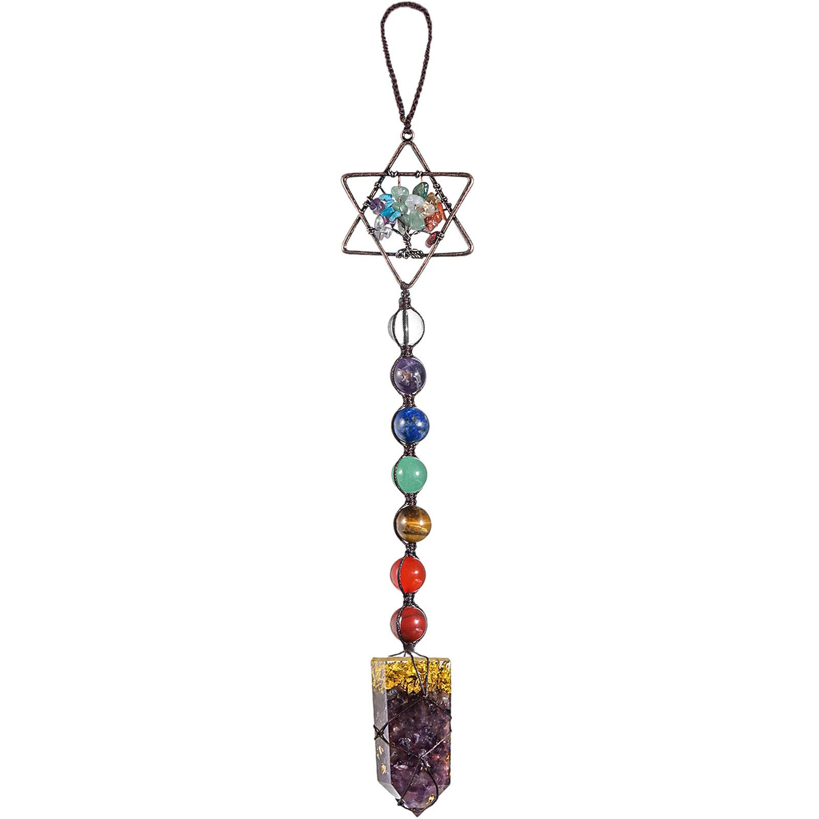 Nupuyai Amethyst 7 Chakra Tree of Life Hanging Ornament, Merkaba Star Energy Crystal Wand Spiritual Ornament for Car Home Office Decor with Gift Box 28cm