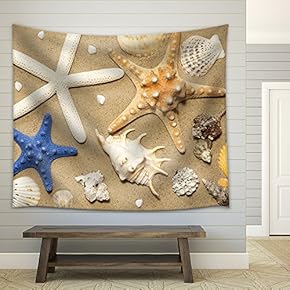 Shells and Starfish on Beach on Sand Background Abstract - Fabric Wall Tapestry Home Decor - 51x60 inches