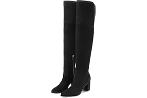 Adrizzlein Women's Over the Knee Boots Suede Thigh High Boots Chunky Block Heel Pointed Toe Stretch Wide Calf Long Slouch Fall Winter Dress Boots