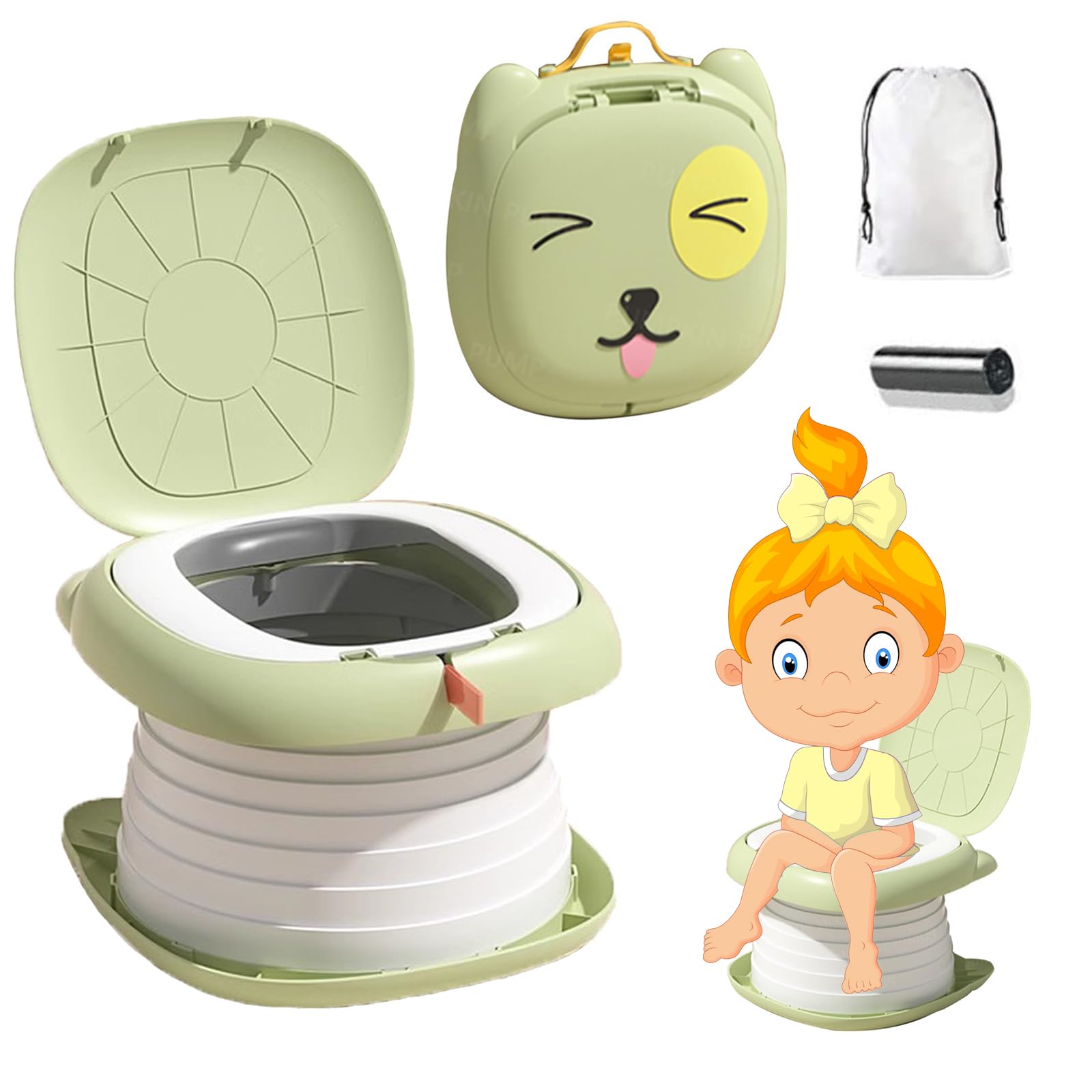 Travel Potty 3-in-1 Portable Potty for Toddlers Foldable Training Toilet Seat Kids Carry Potty Chair for Car Camping Indoor Outdoor Bathroom - KAMHBE (Green)