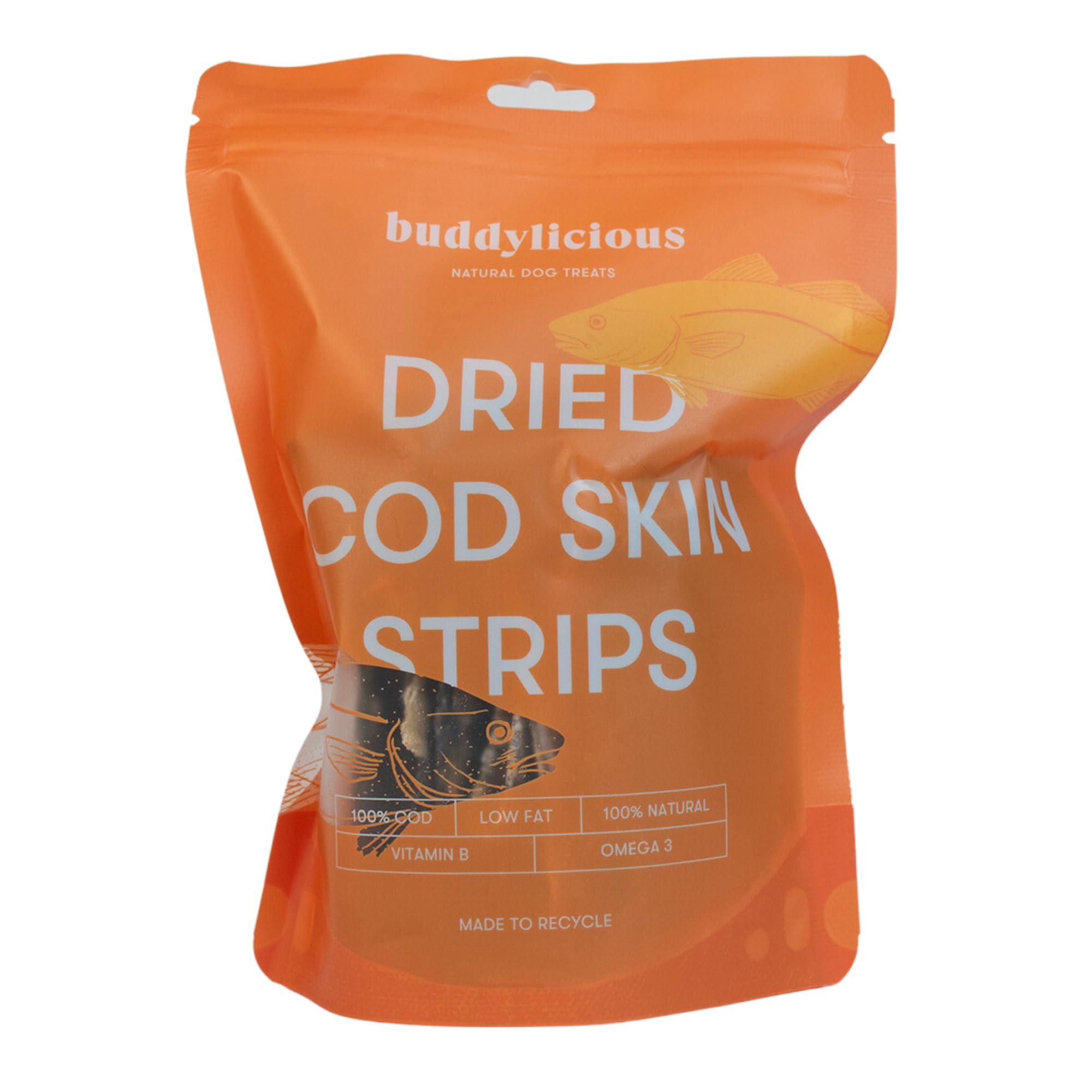 Buddylicious 100% Natural Cod Skin Strips Dog Treats | Natural & Healthy Dog Treat, GMO Free, Gluten Free | Perfect For Training or Everday treat