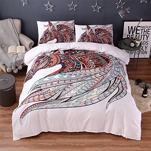 YEVEM Horse Duvet Cover Set White for Teens Adults Twin 3 Piece Bohemian Mandala Animals Printed Boho Bedding Set with 2 Pillowcases (Style 4, Twin)