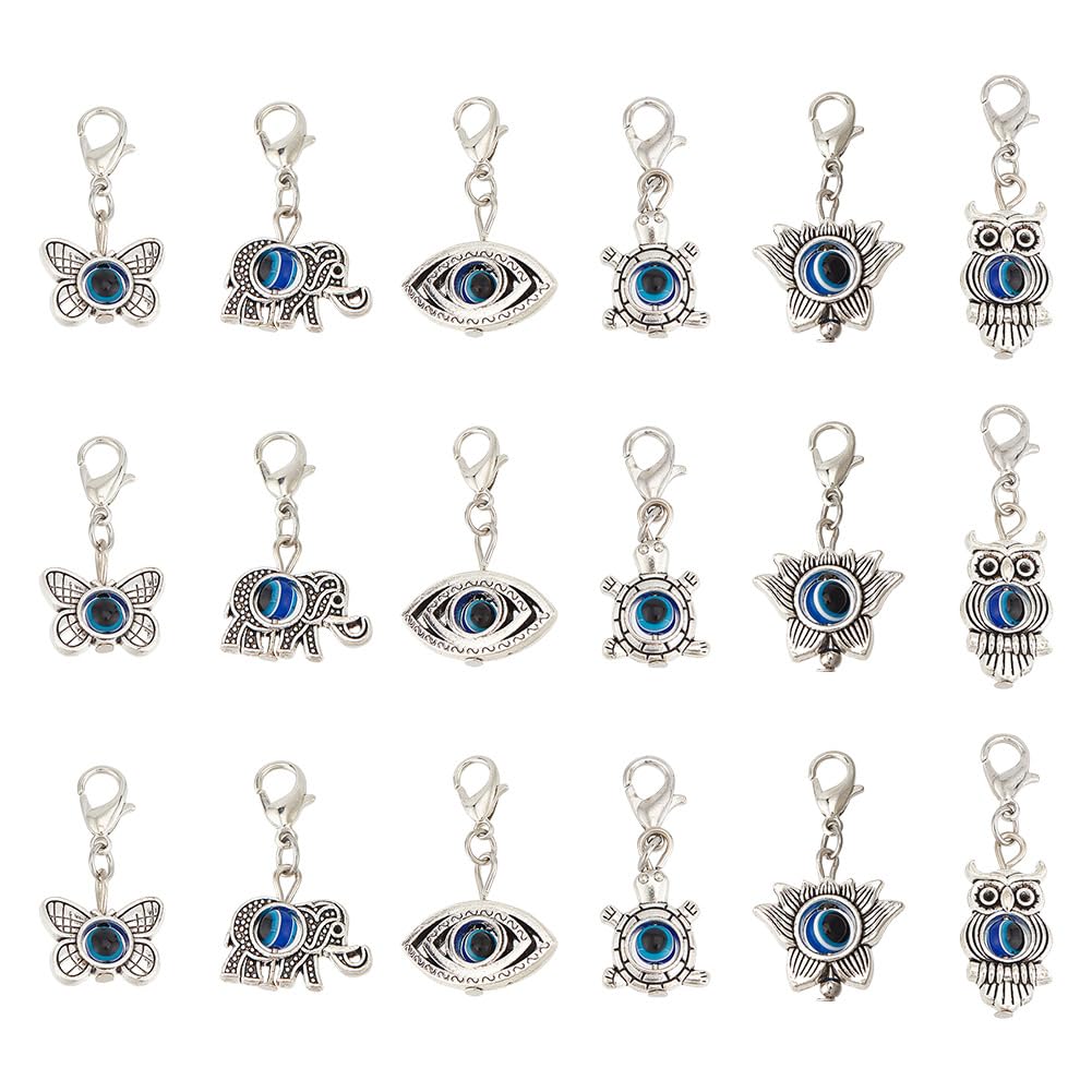 DELORIGIN 6 Styles Evil Eye Pendant 60pcs Tibetan Style Charm Metal Animal Charm Beads Antique Silver Evil Eye Charm for Bracelet Earring Necklace Craft Jewelry Making Keychain, 29-36mm(1.1-1.4inch)