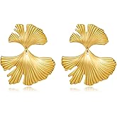 RAUCHBE Gold Ginkgo Leaf Flower Dangle Earrings for Women Large Geometric Statement Earrings Boho Drop Earrings Summer Jewelry for Vacation