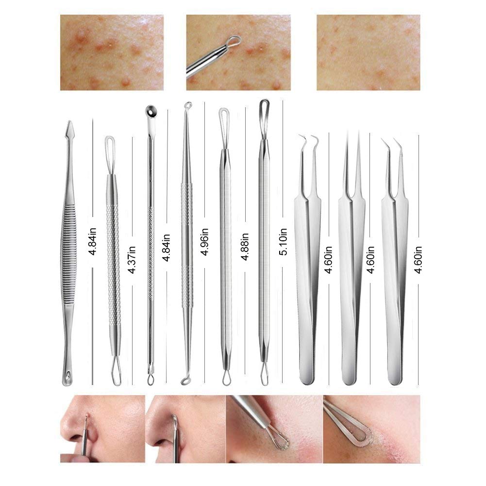 Blackhead Remover Acne Tool 9PCS Kit, Aooeou Professional Stainless Steel Curved Pimple Tweezers Comedone Extractor Instrument Tool Set for Curing Facial Blemish Whitehead: Beauty