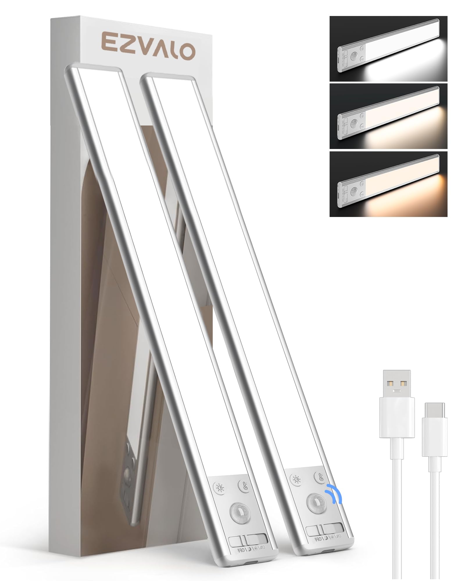 Photo 1 of EZVALO 134 LED Under Cabinet Lights, 3200mAh Rechargeable Motion Sensor Light Indoor, Dimmable Magnetic Closet Lights with 3 Color Temps, Wireless Under Counter Lights for Kitchen, Stair (2 Pack)