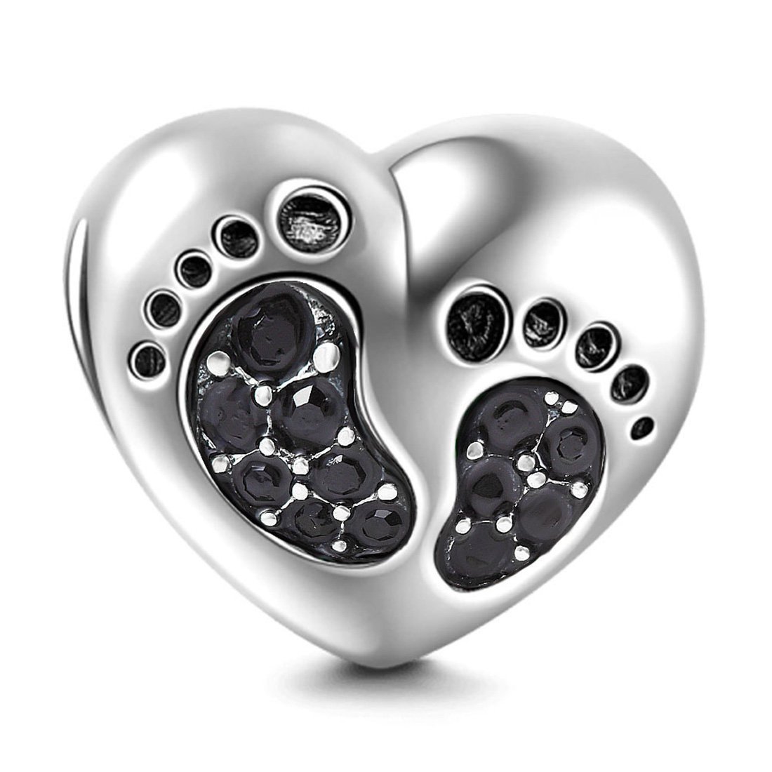 Footprint Charm 925 Sterling Silver Heart Baby Foot Charm Birthday Charm Birthstone Charm Heart Charm Anniversary Charm for Pandora Charm Bracelet (Black)