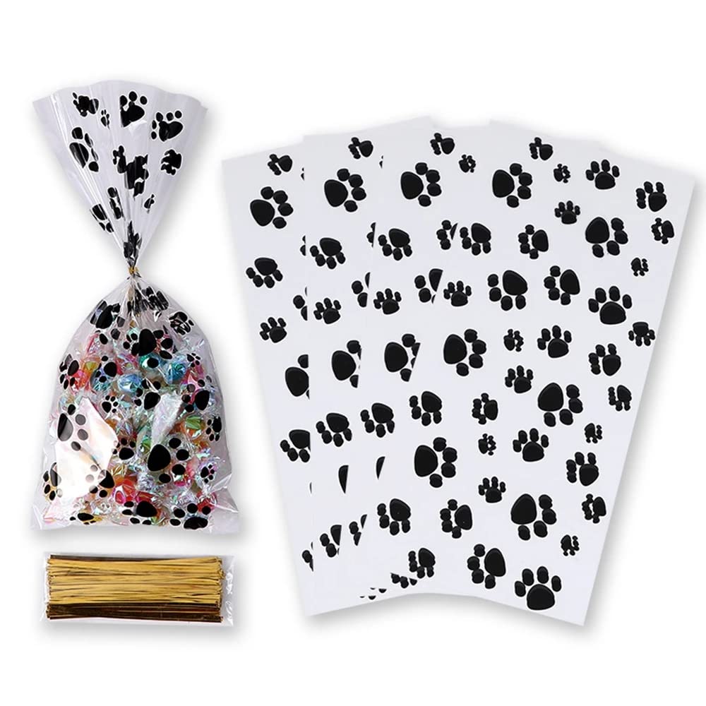 MaoNativey 100 Pieces Pet Paw Print Treat Bags Puppy Dogs Cellophane Bags Candy Gift Bags with 100 Pieces Twist Ties for Pet Treat Party Favor
