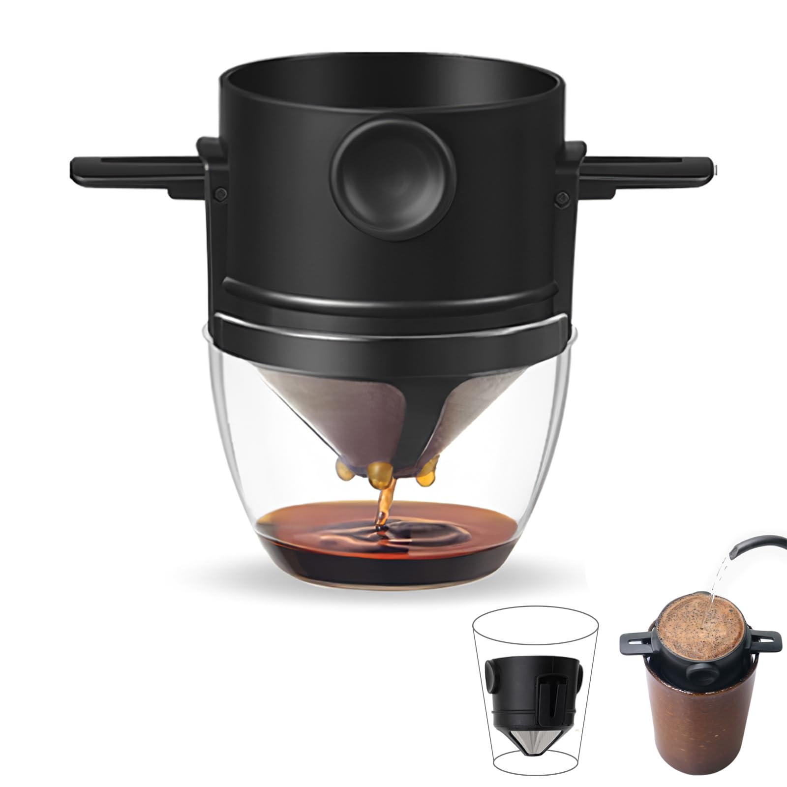 Reusable Pour Over Coffee Dripper, Portable Stainless Steel Cone Coffee Filter with Collapsible Holders, Paperless Coffee Maker 1-2 Cup for Home, Office and Travel Camping (Black-2)