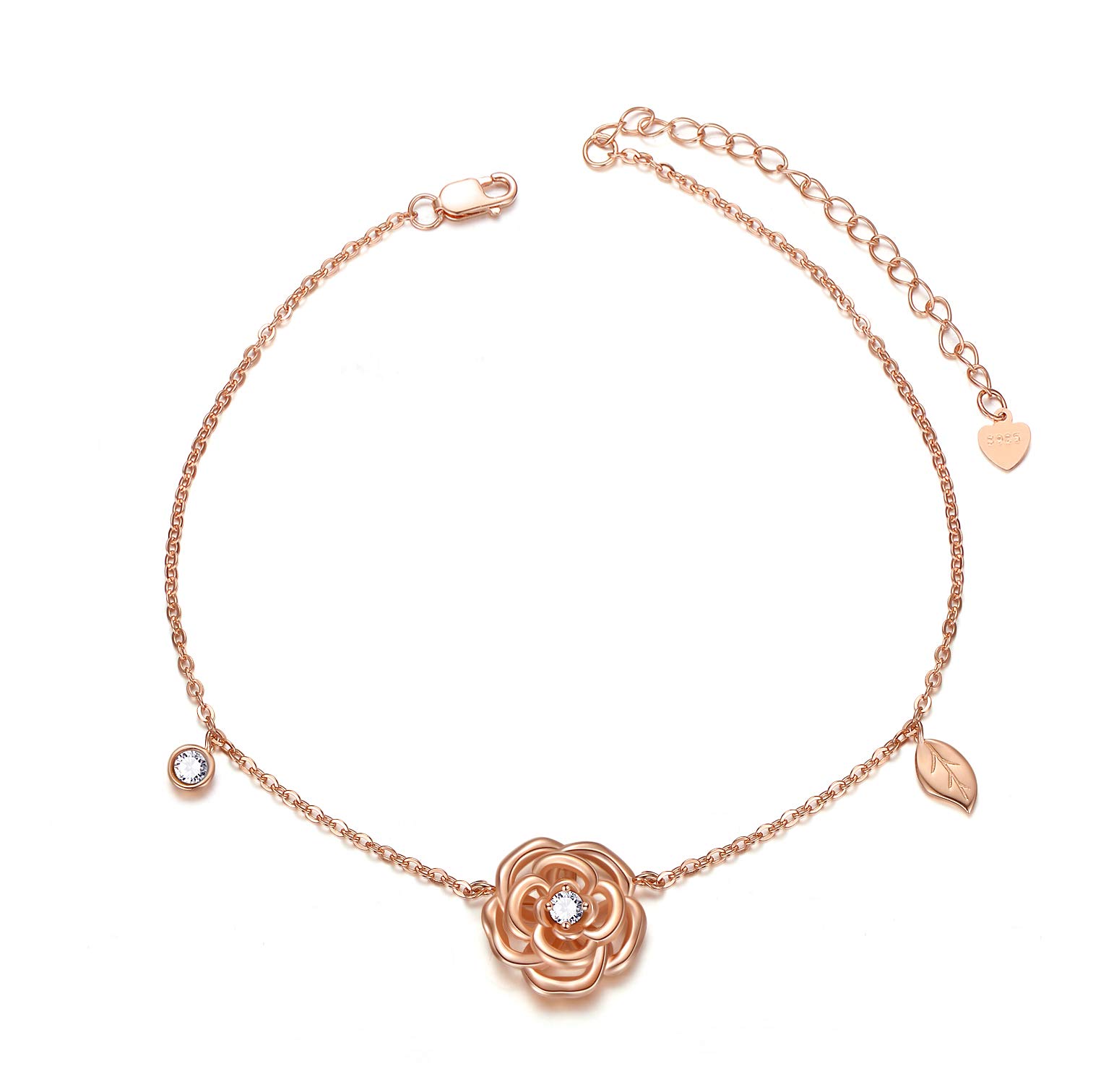 Rose Flower Ankle Bracelet for Women, 925 Sterling Silver Charm Adjustable Stylish Anklet Chain