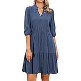 Allegra K Tiered Dress for Women 3/4 Sleeve A Line V Neck Above Knee Flowy Ruffle Linen Dresses