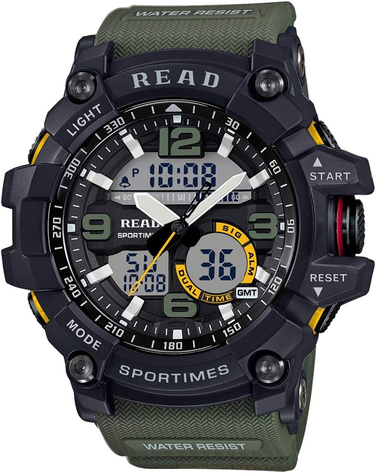 READ Digital Watch, GMT Military Sport Multifunctional Shockproof 3 ATM Waterproof Analog-Digital Sports Watch with Alarm Stopwatch Calendar Tachymeter and LED Back Light in Silicone Strap for Men