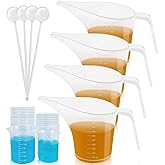 Artcome Funnel Pitcher Set - 4 Pack, 1000ml Plastic Measuring Pitchers with Funnels, 4 Stirring Rods, and 15 Small Measuring 