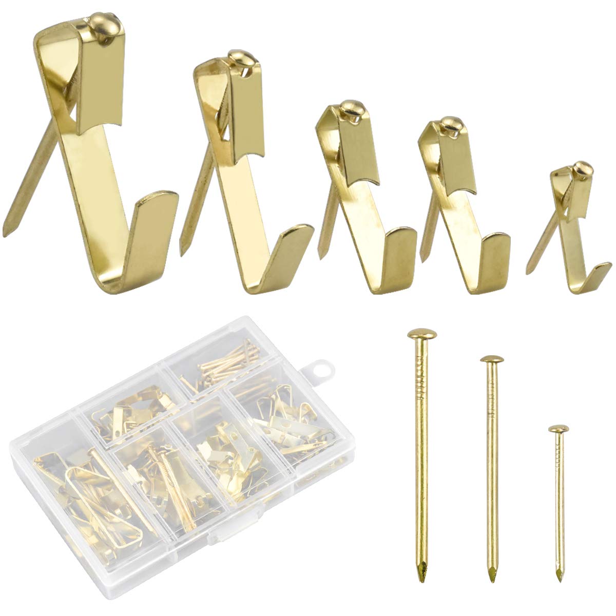 Kissral 130pcs Picture Hangers Heavy Duty Metal Hangers with Nails Photo Picture Frame Hooks Picture Hanging Kit for Wooden and Plasterboard Walls Clock Mirror Office, Gold Color