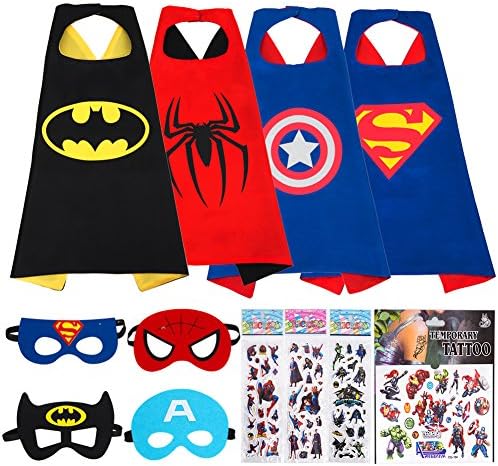 MIJOYEE Superheros Capes and Mask 4 Costumes for kids Cartoon Dress Up Double-sided Costumes with Bonus Stickers and Tattoo (Boy Costumes)