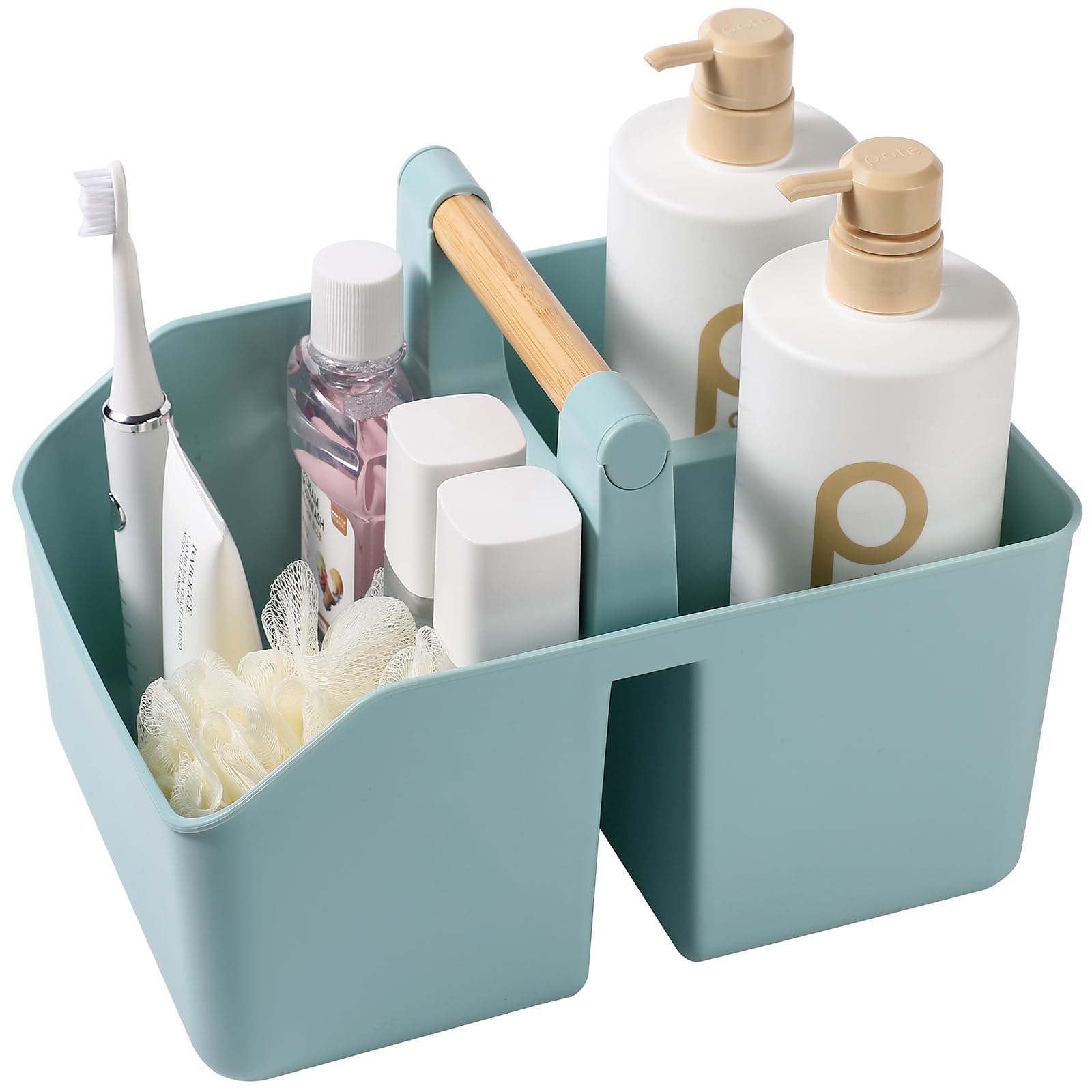 Photo 1 of rejomiik Portable Shower Caddy Basket with Bamboo Handle, Plastic Cleaning Caddy Bathroom Organizer Tote for College Dorm Essentials, Bath Toy Storage, Blue
