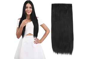 REECHO 24" Straight Clips in hair extensions Clips on HE008 Hairpieces Synthetic Hair Extensions for Women 5 Clips per Piece - Natural Black