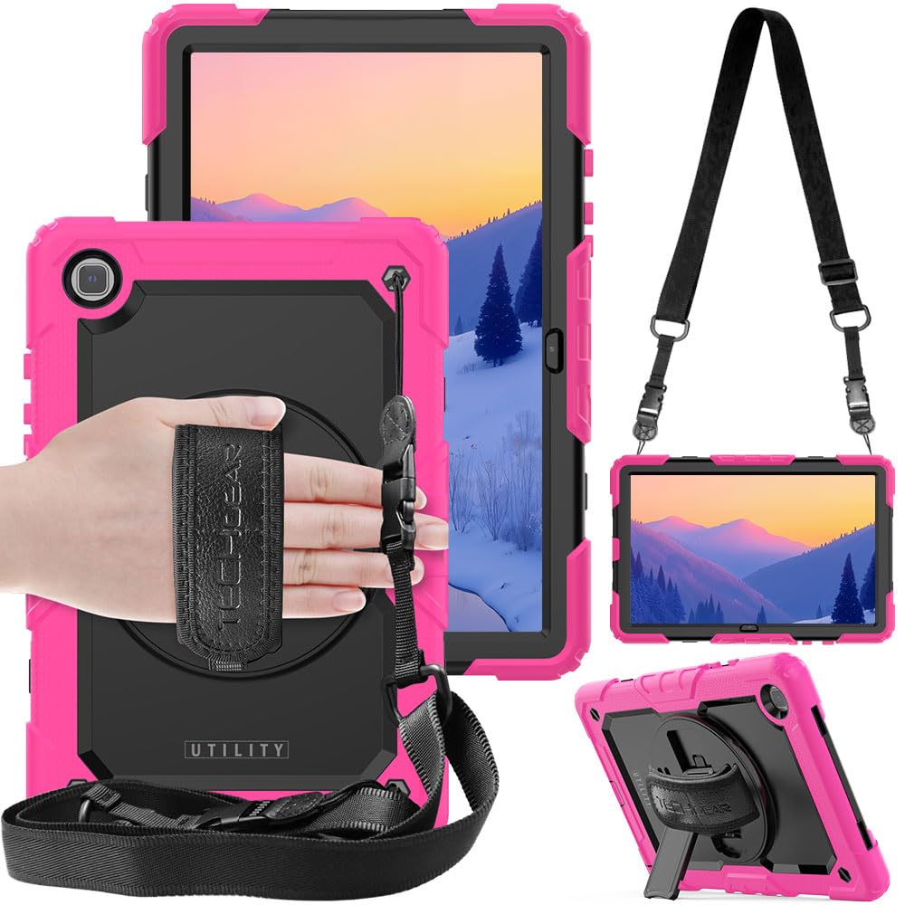 TECHGEAR UTILITY Case fits Samsung Galaxy Tab A7 10.4" (SM-T500 / T503 / T505 / T509) Tough Rugged HEAVY DUTY Armour Shockproof Impact Case with 360 Rotating Stand, Hand & Shoulder Strap - Pink