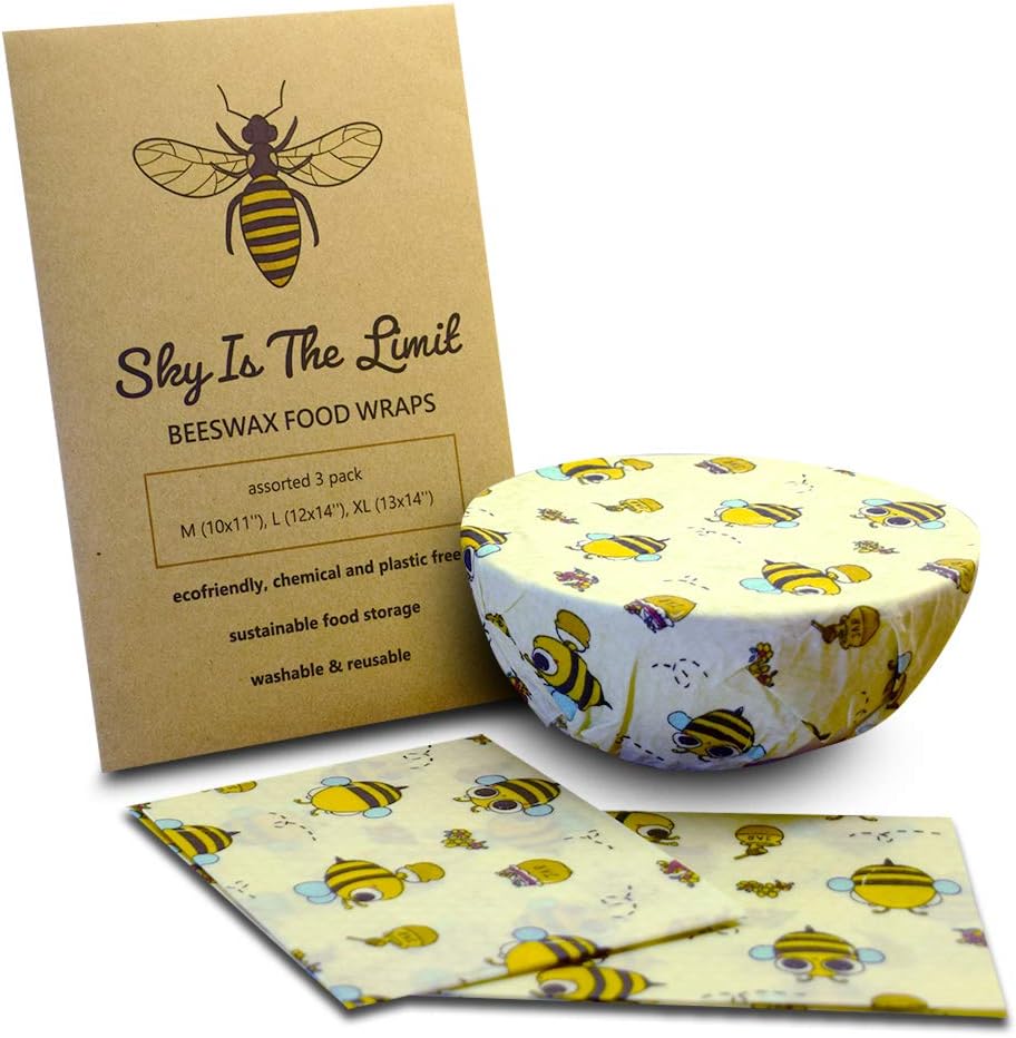 SKYISTHELIMIT Beeswax Food Wraps | Set of 3 | Reusable Packaging for Snacks, Lunch Bags, and Storage | Safe and 100% Organic Cotton Fabric Wrap | Eco-Friendly Alternative to Plastic and Foil | M-L-XL
