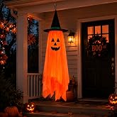 Halloween Decorations Ghost Hanging Ornaments: 39.4 Inch Decor (Orange) | Foldable Cloth Witch Hat Ghost Decor With Lanyards, Reusable Hanging Halloween for Tree Porch Yard and Ceiling Wall Home