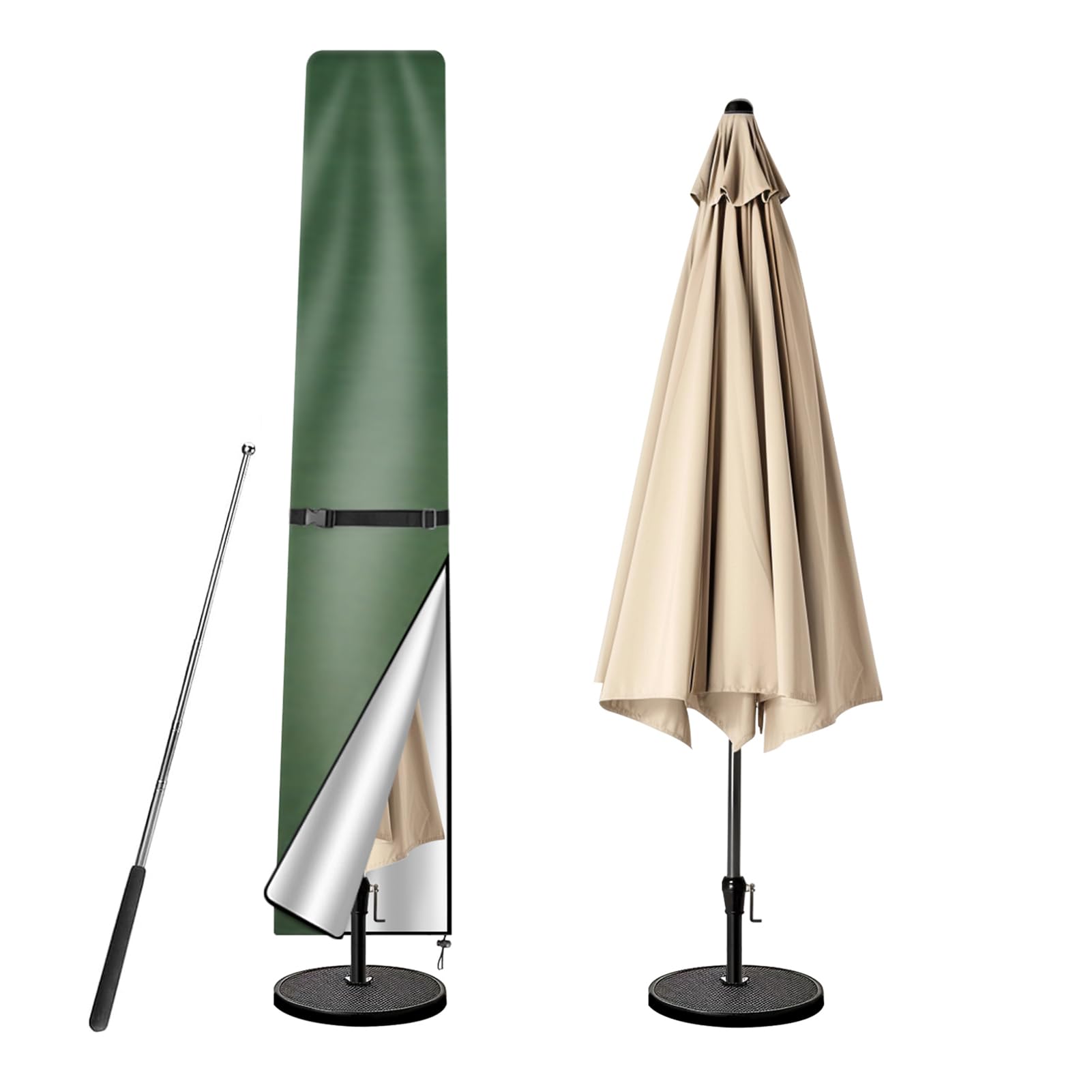 wiipara Parasol Cover with Rod, Parasol Protective Cover fit for Waterproof UV-Block Windproof Large Umbrella Cover with Zip and Storage Bag for Garden Outdoor (Green, 170x25(top) x35(bottom) cm)