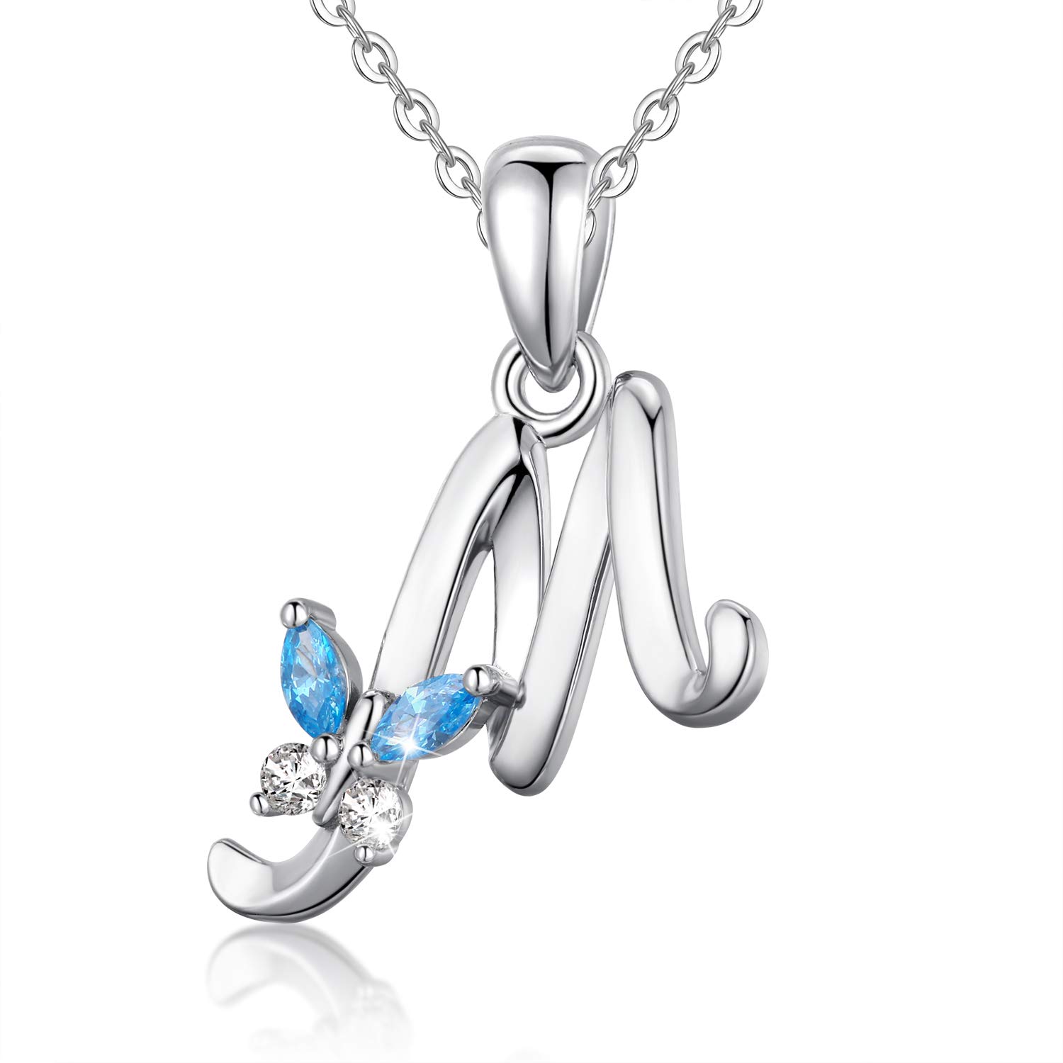 EUDORA Initial Butterfly Necklace 925 Sterling Silver M Alphabet Letter Personalised Pendant Necklaces with Blue Cubic-Zirconia Gifts for Women Ladies Girls Mother's day, 18 inches Chain — image 1