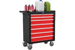 SGMORY 7-Drawer Rolling Tool Chest, Metal Tool Storage Organizer Cart with Locking System and 4 Hooks, Multifunctional Mechanic Tool Cart for Garage, Warehouse, Workshop, Repair Shop(Red&Black)