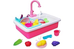 Kids Play Kitchen Sink Toy Set, Children's Toy Set Accessories with Real Faucets Running Water, Pots and Pans, Fruit and Vege