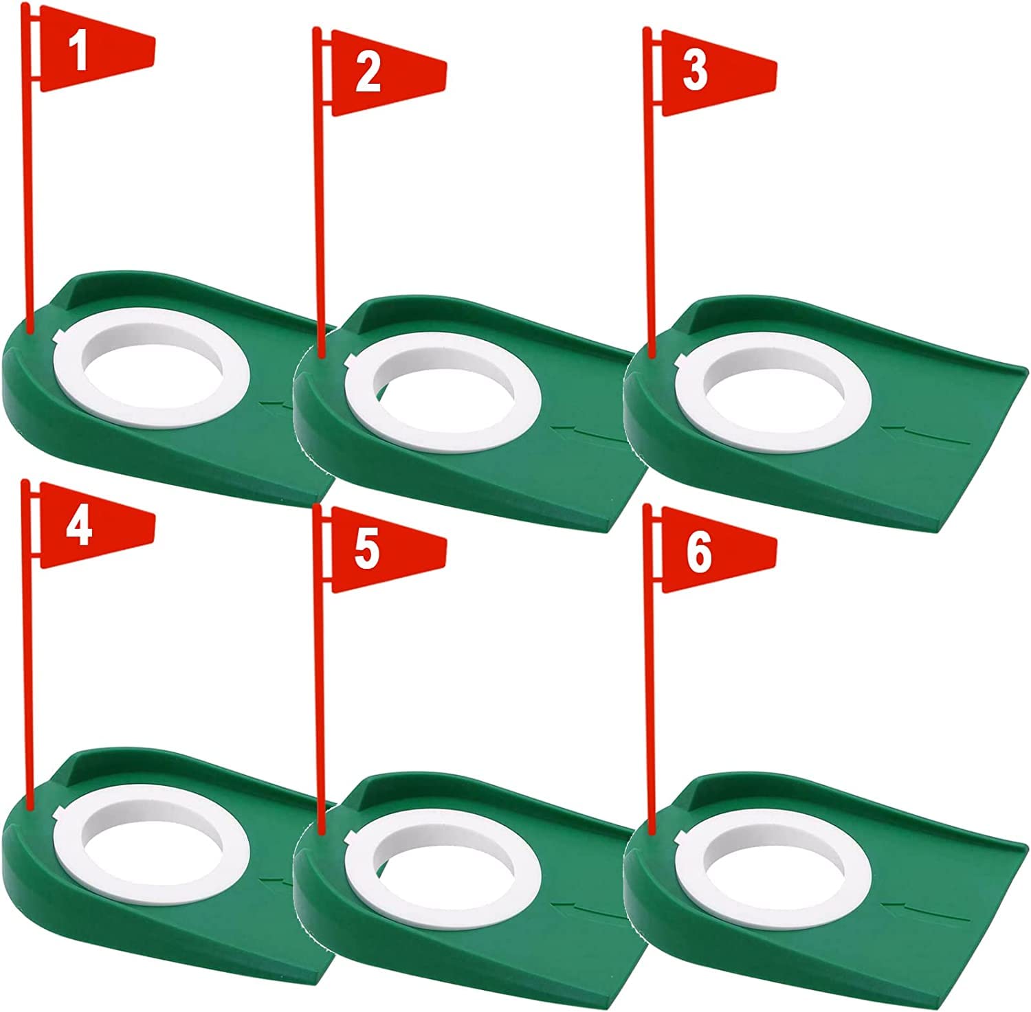Golf Putting Cup and Flag Putt Training Hole All-Direction Surface Regulation Practice Cups for Men Women Kids Indoor Outdoor Home Office Backyard Golfing (6 Pcs Green Cup with Red Flag)