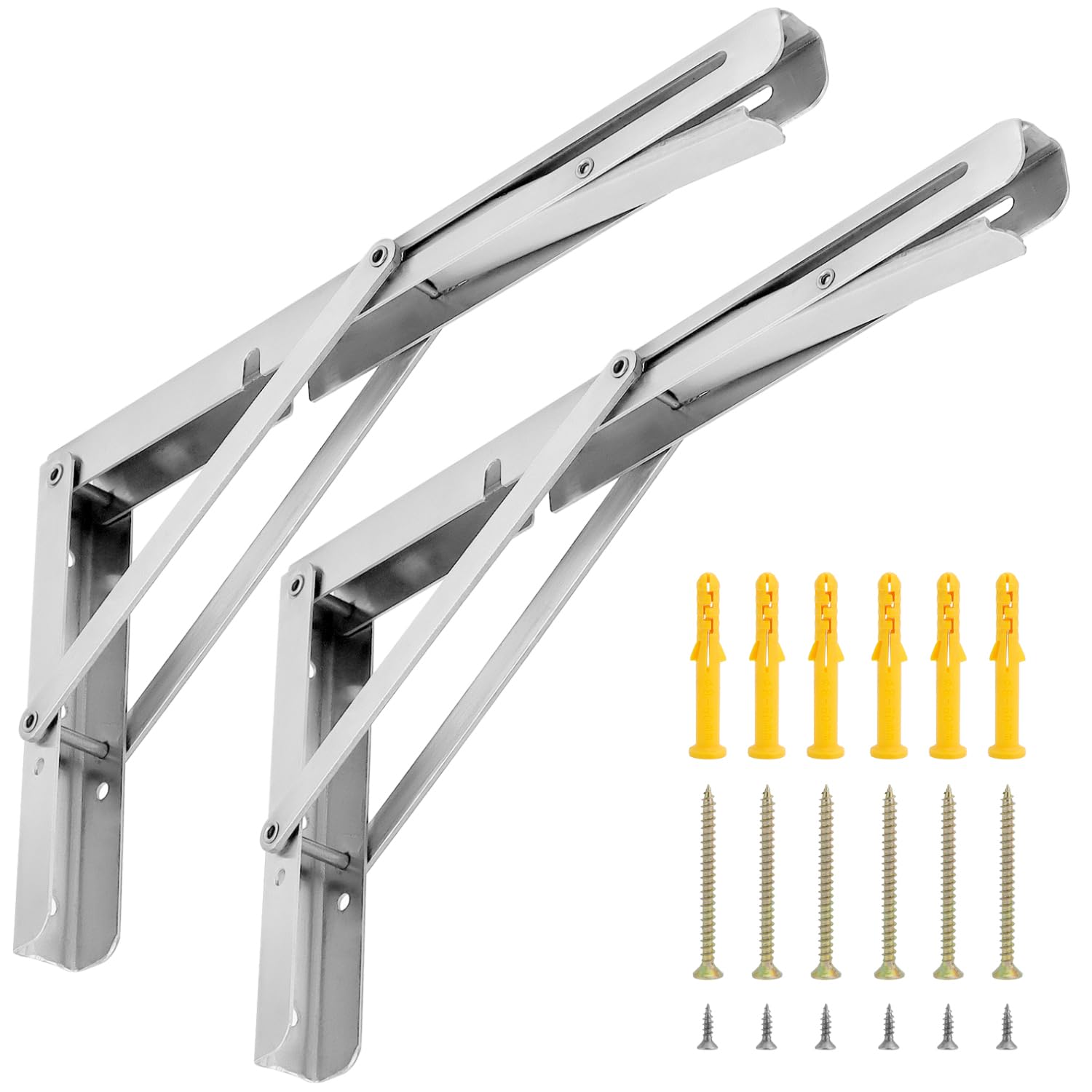 QWORK® 2 Pack 12" Heavy Duty Folding Shelf Brackets for Wall Mounted Folding Tables Benches Shelves - Stainless Steel - Max Load 150kg I 330lb