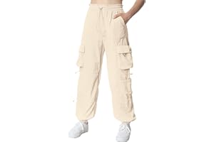 EXARUS Girls Cargo Pants Parachute with Pockets Drawstring Elastic Kids Baggy Pants Hip Hop Youth 8-14 Years