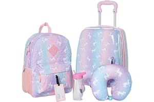 RALME 5 pc Girls Unicorn Rolling Suitcase Set with Backpack, Neck Pillow, Water Bottle, and Luggage Tag