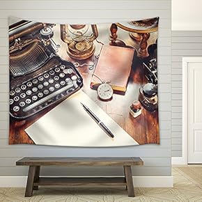 Vintage Items, Camera, Pen, Globe, Clock, Typewriter on The Old Desk - Fabric Wall Tapestry Home Decor - 51x60 inches