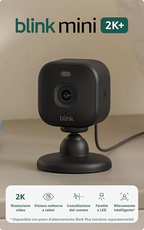 Videocamera Mini 2K+ Blink (ultimo modello) | Videocamera di sicurezza domestica con alimentatore plug-in, risoluzione video 2K, zoom 4x, visione notturna a colori | 1 videocamera – Nera