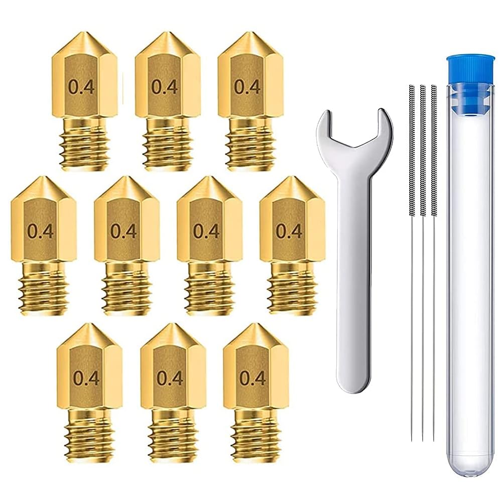 MMOBIEL 10 Pcs 0.4mm Brass MK8 3D Printer Nozzles Extruder Compatible With Creality Ender 3 Series, Ender 5 Series, CR-10/10S, Makerbot, Incl. 3 Cleaning Needles and Wrench