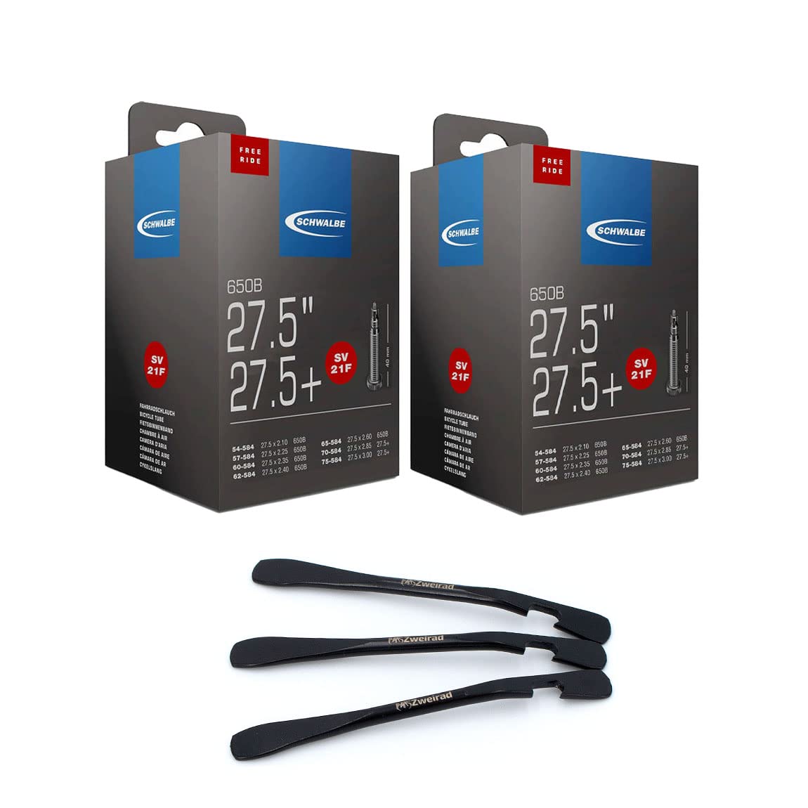 Set of 2 Schwalbe inner tubes 21F SV 40 mm Freeride 27.5 inches (54/75-584) + MSZweirad tyre lever