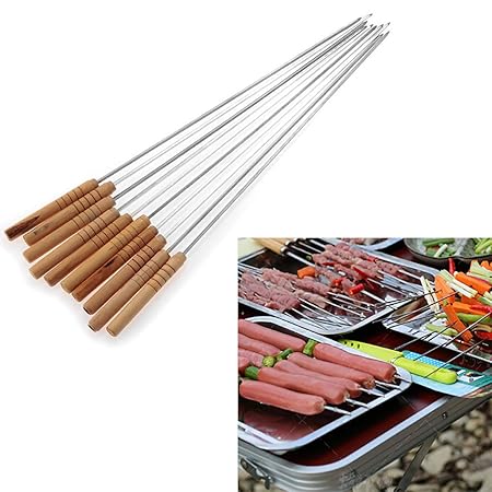 MK 49cm Long Metal Barbecue Skewers with Wooden Handle 10 Pc