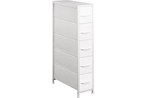 EKNKOZY Narrow Dresser Storage Tower with 5 Drawers, Slim Dresser Chest of Drawers with Steel Frame, Wood Top, Dresser for Bedroom, Bathroom, Small Spaces, Laundry, Closet, White