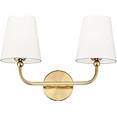 METWET 2-Light Bathroom Light Fixtures, Brushed Gold Vanity Lights, Double Wall Sconce with Flared White Fabric Shade, Modern