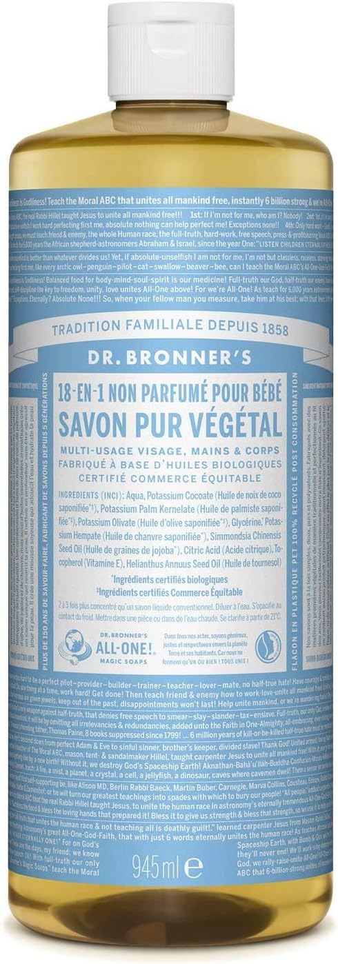 Dr Bronners Organic Baby Unscented Pure Castile Liquid Soap Sensitive Skin 16oz
