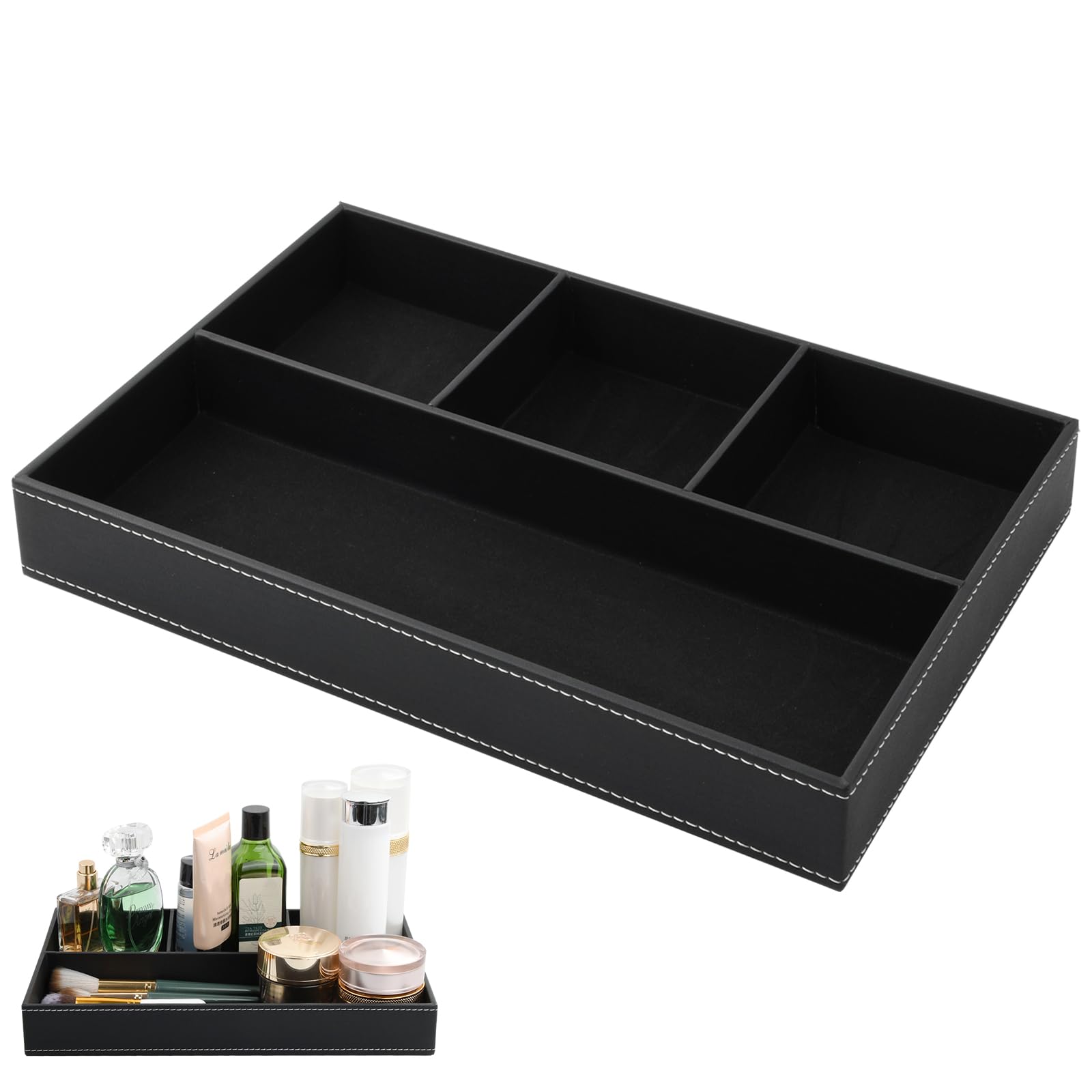 volumoon Valet Tray Organiser Nightstand Organizer for Men PU Leather Storage Box with Velvet Lined Decent Valet Tray Storage Box Holder for Jewelry Keys Phone Wallet Watch Sunglasses, Black