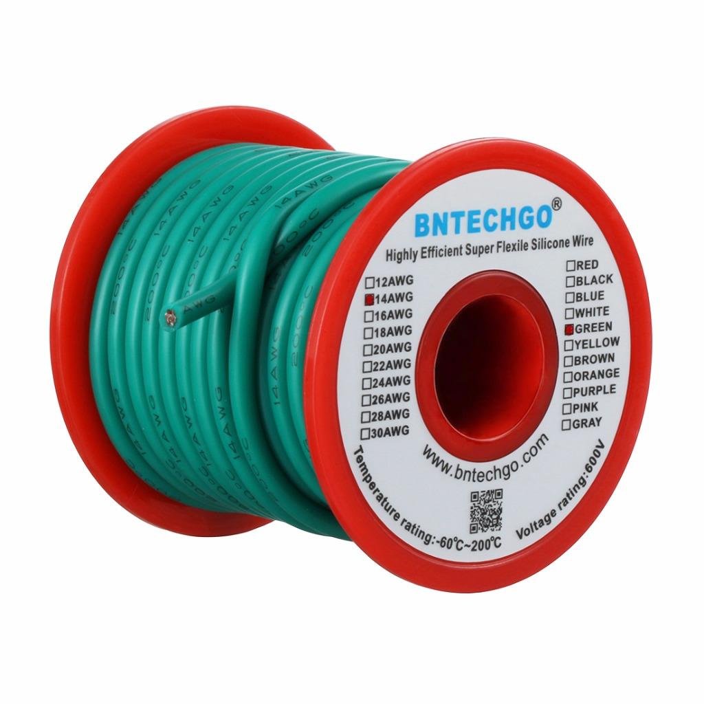 BNTECHGO 14 Gauge Silicone Wire Spool Green 25 ft Ultra Flexible High Temp 200 deg C 600V 14 AWG Silicone Rubber Wire 400 Strands of Tinned Copper Wire Stranded Wire for Model Low Impedance