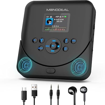 Monodeal Portable CD Player Bluetooth TFT Display Car Rechargeable Speakers